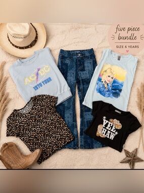 #26-Girls Size 6 / 6X 5Pc Trendy Bundle | AC/DC Dolly Parton Western Hippie ☮️